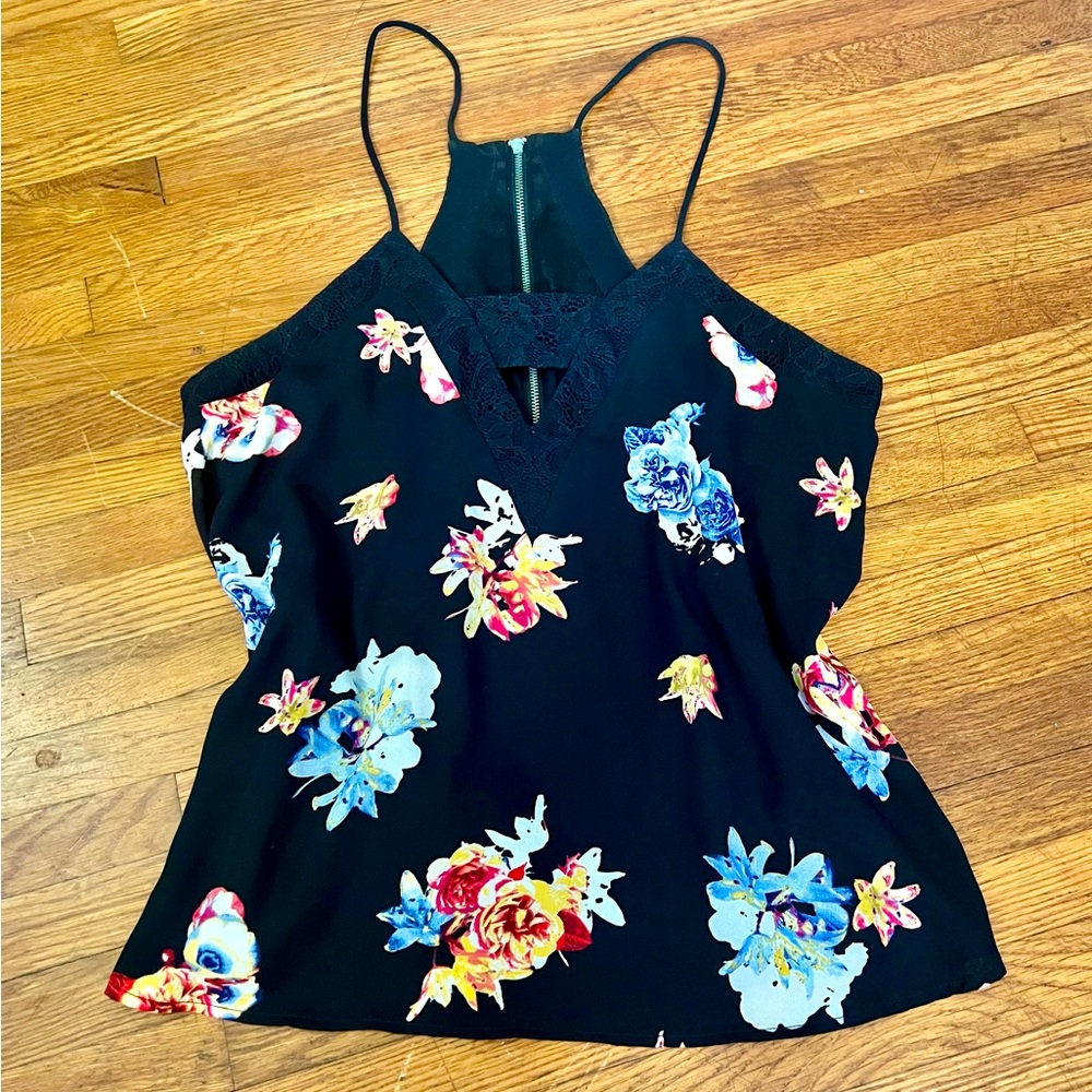 Express Black Floral Halter Cut Out Top Size Small
